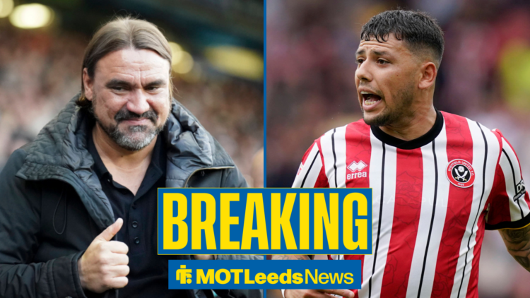 Gus Hamer in Sheffield United shirt with Daniel Farke smiling