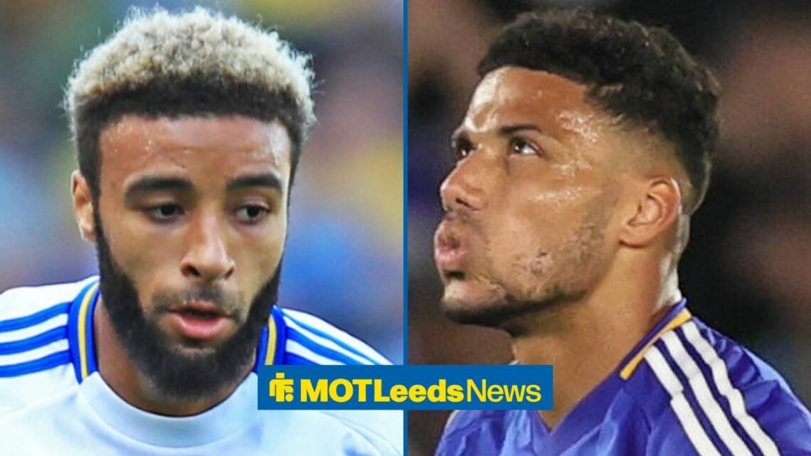 Leeds United full backs Jayden Bogle and James Justin looking at each other.
