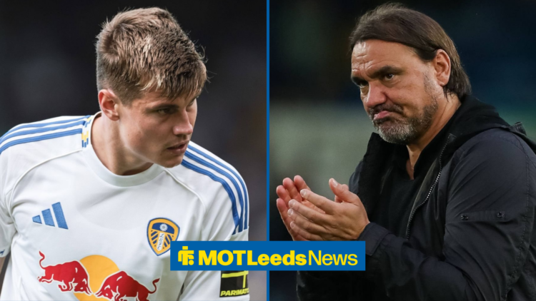 Jaka Bijol in action for Leeds United, Leeds manager Daniel Farke applauding
