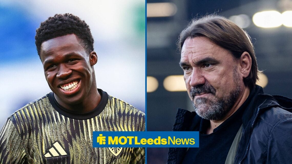 Willy Gnonto smiling, Leeds United manager Daniel Farke looks at him.
