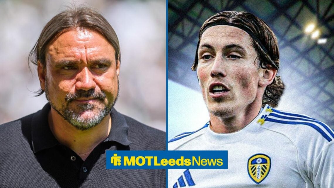 Leeds United manager Daniel Farke looking at Harry Wilson in a Leeds shirt.