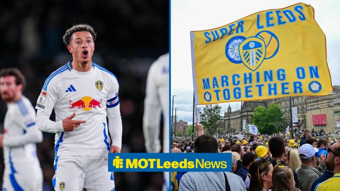 Ethan Ampadu in left inset Leeds fans in right inset