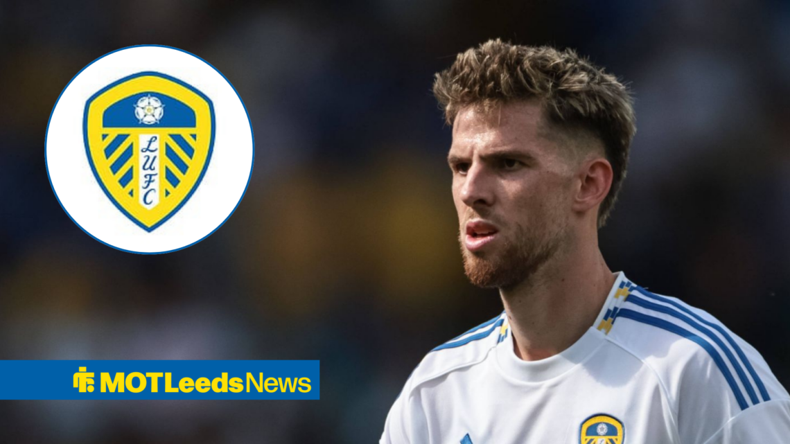 An image of Anton Stach playing for Leeds United, next to a circular inset of a Leeds United badge