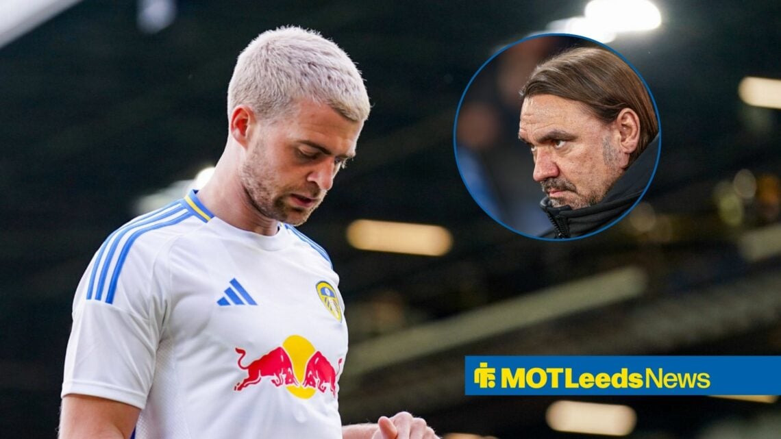 Patrick Bamford playing for Leeds with Daniel Farke in left circular inset