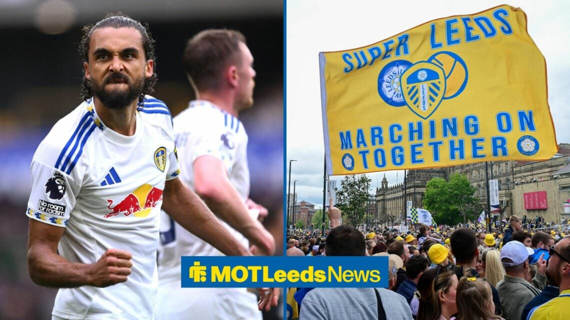 Dominic Calvert-Lewin celebrating in left inset with Leeds fans in right inset