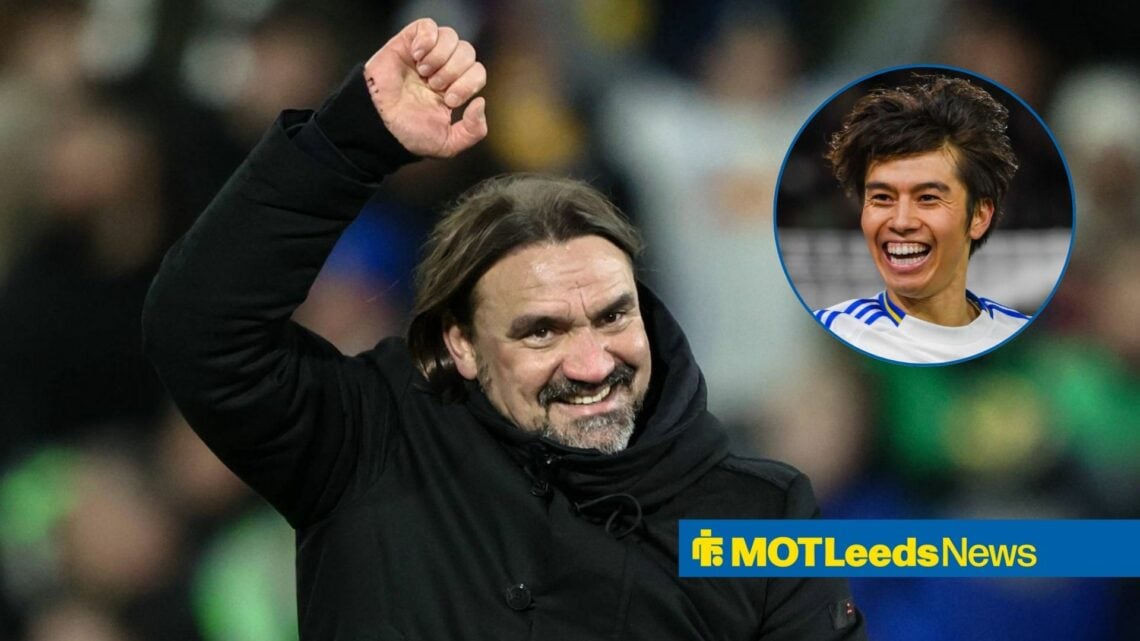 Daniel Farke celebrates on pitch with Ao Tanaka in circular inset