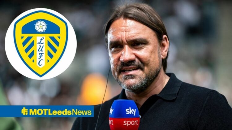 Daniel Farke with Sky Sports microphone and Leeds badge in circular inset