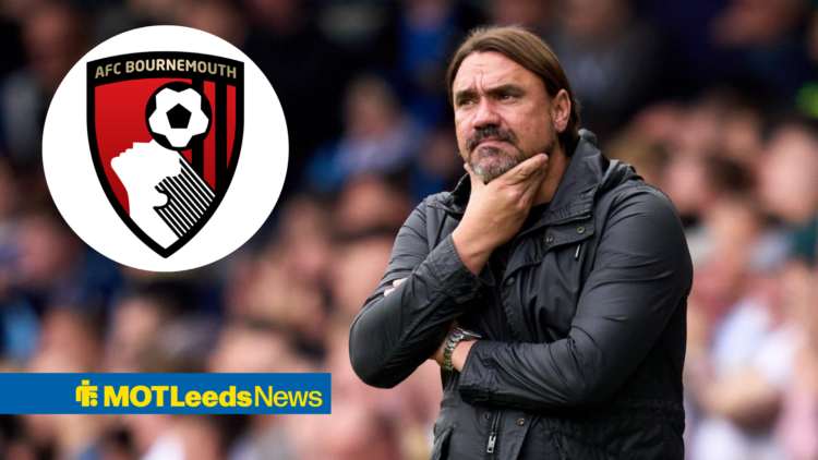 Daniel Farke thinking with Bournemouth badge in circular inset