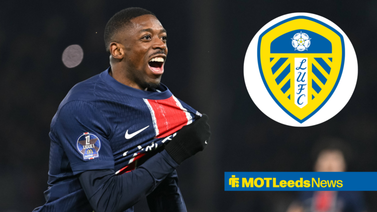 Ousmane Dembele celebrates in PSG home shirt with Leeds badge in circular inset