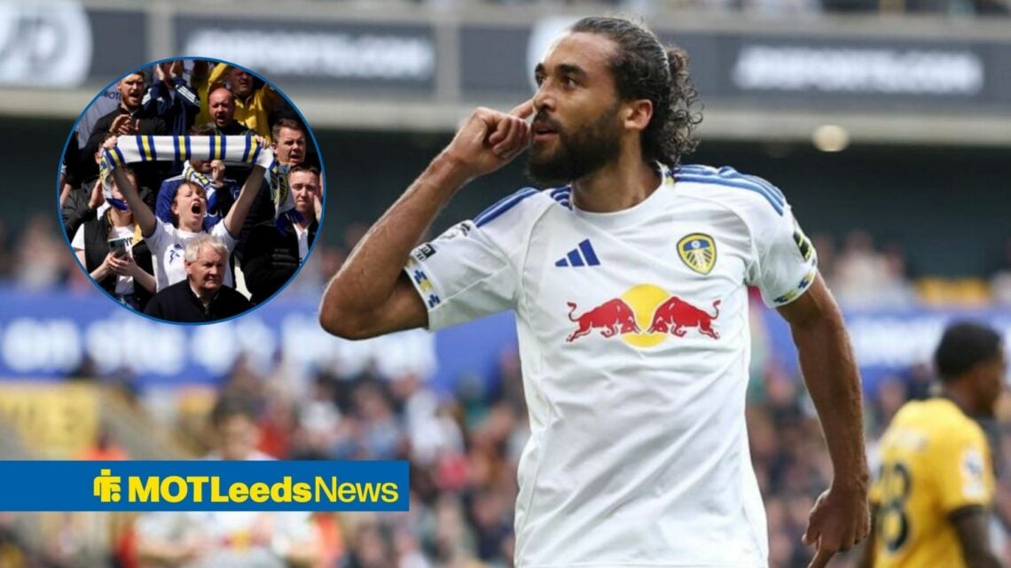 Dominic Calvert-Lewin celebrates a goal in Leeds home shirt with Leeds fans celebrating in circular inset