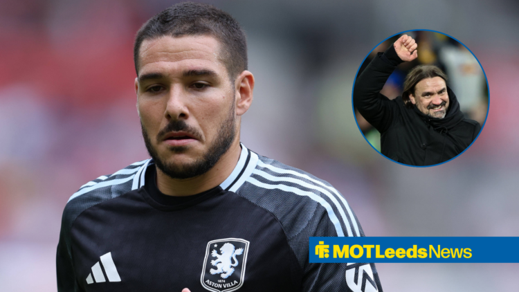Emi Buendia in Aston Villa away kit as Daniel Farke celebrates in circular inset