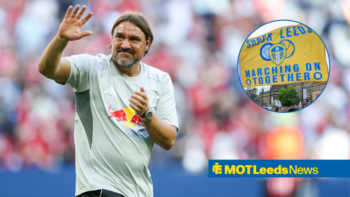 Daniel Farke waving, Leeds United flag in a circular inset