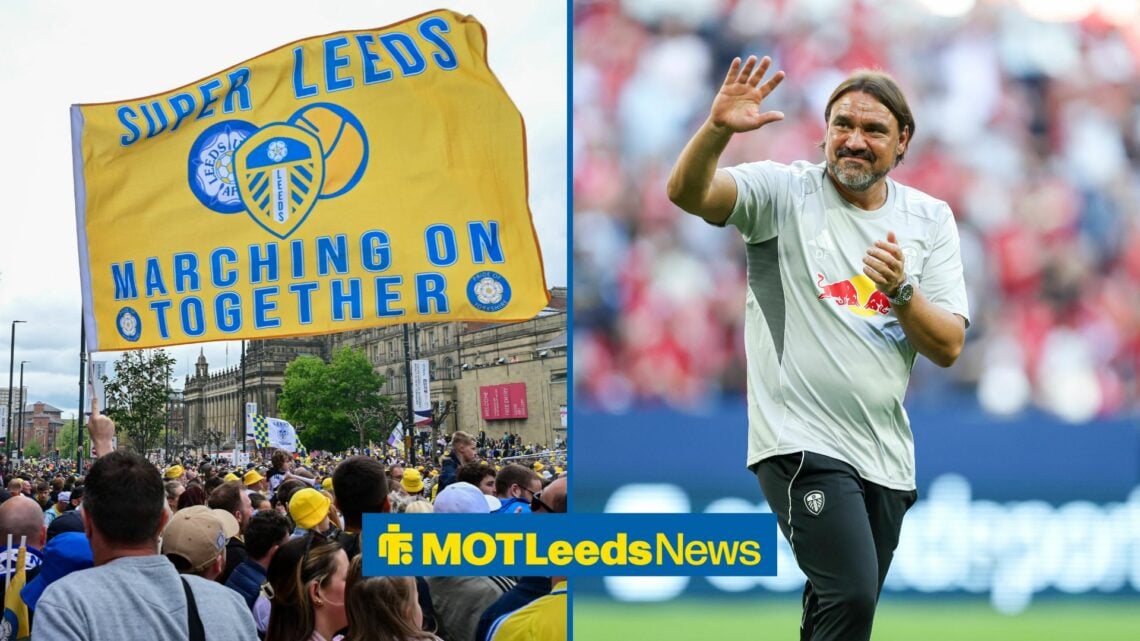 Leeds fans on left inset with daniel Farke on right inset waving