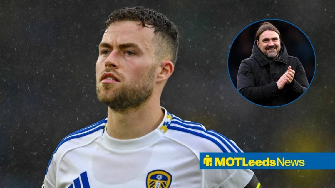 Gabriel Gudmundsson in Leeds home shirt with Daniel Farke in circular inset