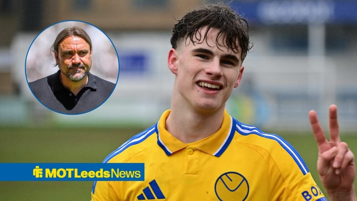 Harry Gray poses in Leeds away kit with Daniel Farke in circular inset