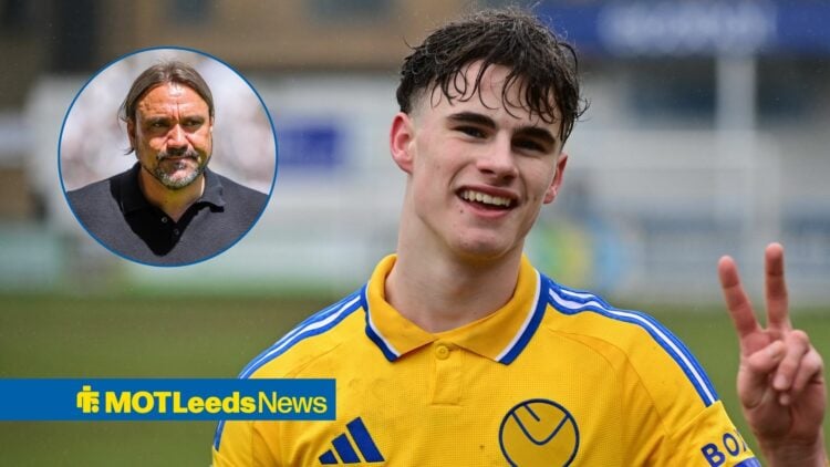 Harry Gray poses in Leeds away kit with Daniel Farke in circular inset