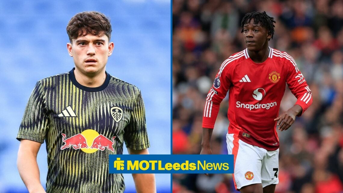 Daniel James warming up for Leeds, with Kobbie Mainoo alongside him