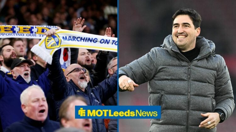 Leeds fans in left inset with Adoni Iraola in right inset