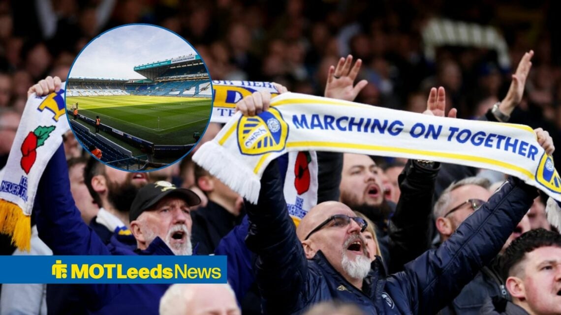 Leeds fans singing with Elland Road in left circular inset