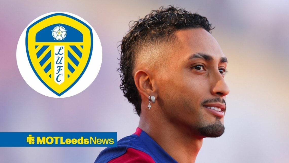 Raphinha smiling in Barcelona shirt with Leeds badge in circular inset