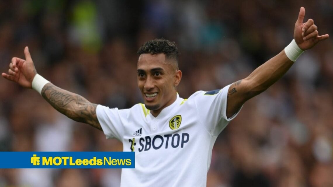 Raphinha poses in Leeds home shirt