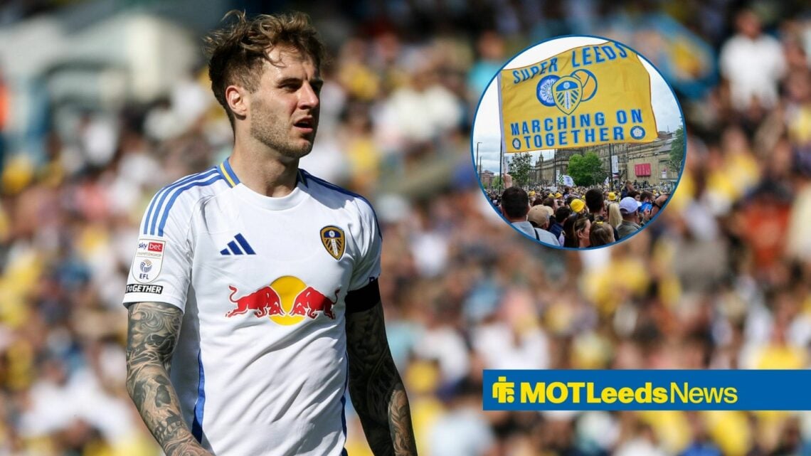 Joe Rodon with Leeds fans in left circular inset