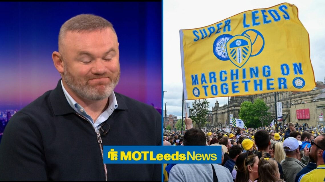 Wayne Rooney in right inset with Leeds fans in left inset