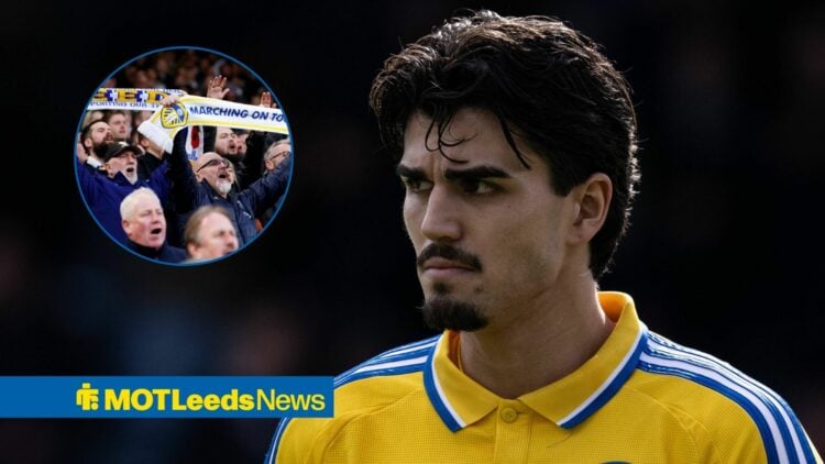 Pascal Struijk with Leeds fans in left circular insert