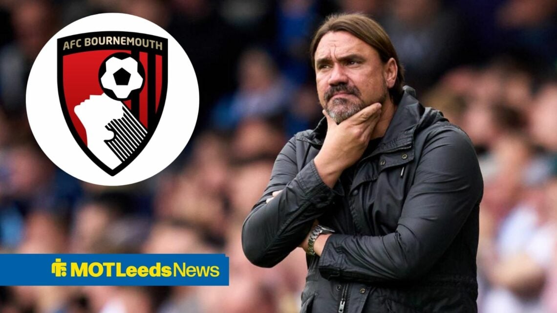 Daniel Farke thinking in football stadium with Bournemouh badge in circular inset