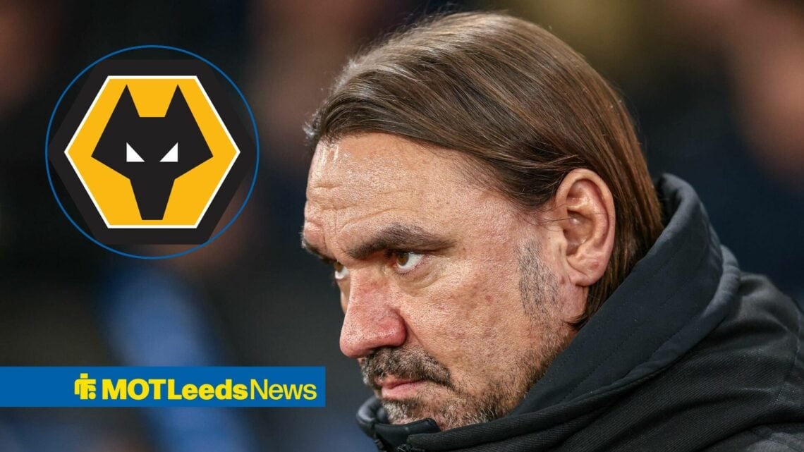 Daniel Farke staring in deep focus with Wolves badge