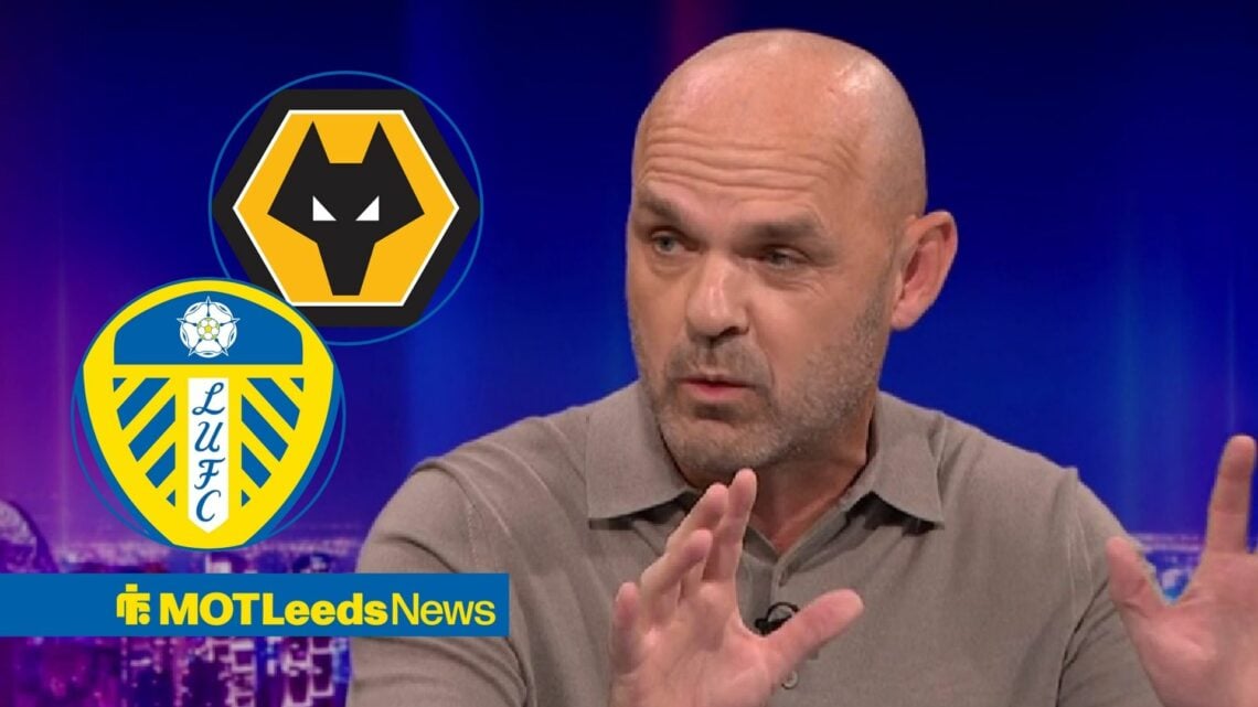 Danny Murphy gesturing in Match of The Day studio with Wolves and Leeds badges
