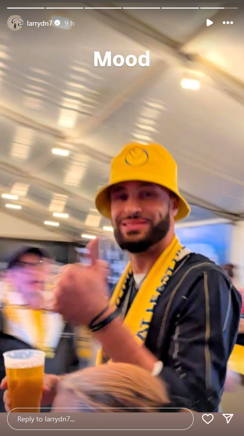 Larry Nance Jr celebrating Leeds' win against Wolves on his Instagram story with a beer and a thumbs up to the camera.