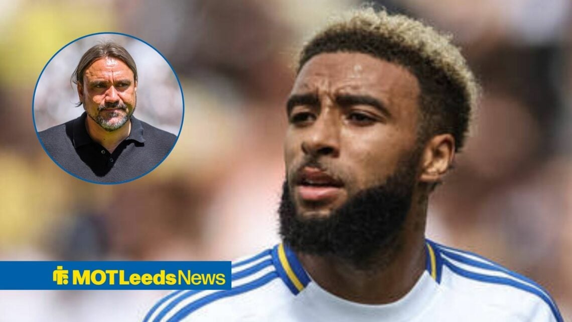 Jayden Bogle in white Leeds home shirt with concerned Daniel Farke in circular inset