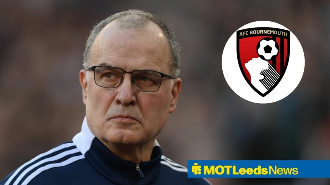 Marcelo Bielsea looking stern on the touchline with Bournemouth badge in circular inset