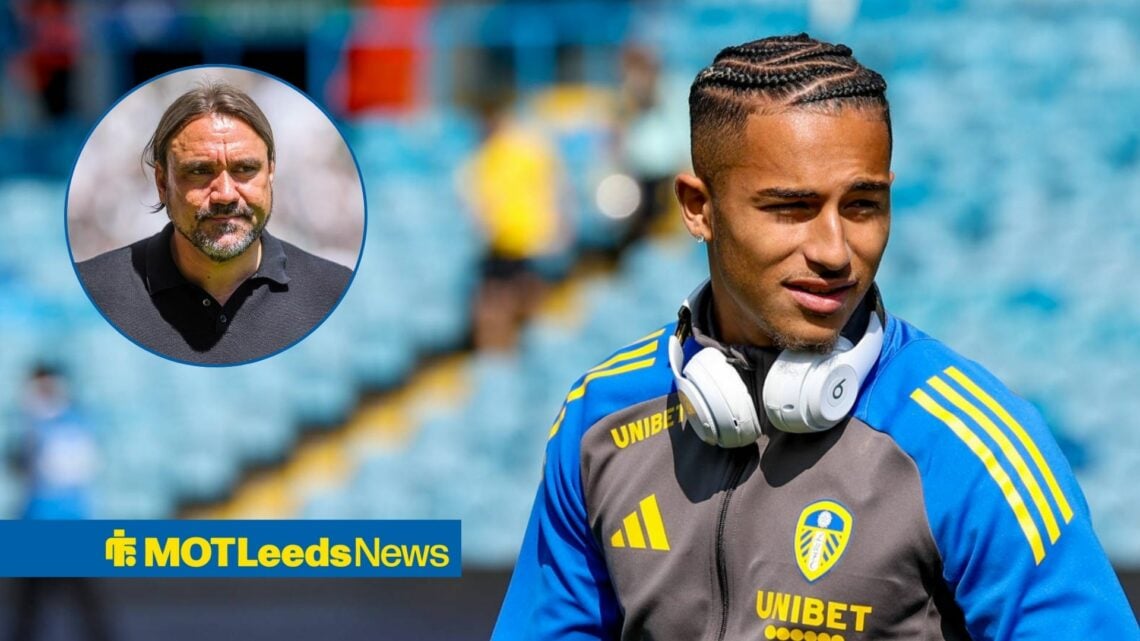 Mateo Joseph in Leeds jacket with Daniel Farke in circular inset