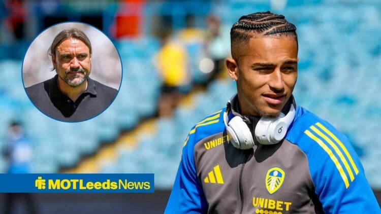 Mateo Joseph in Leeds jacket with Daniel Farke in circular inset