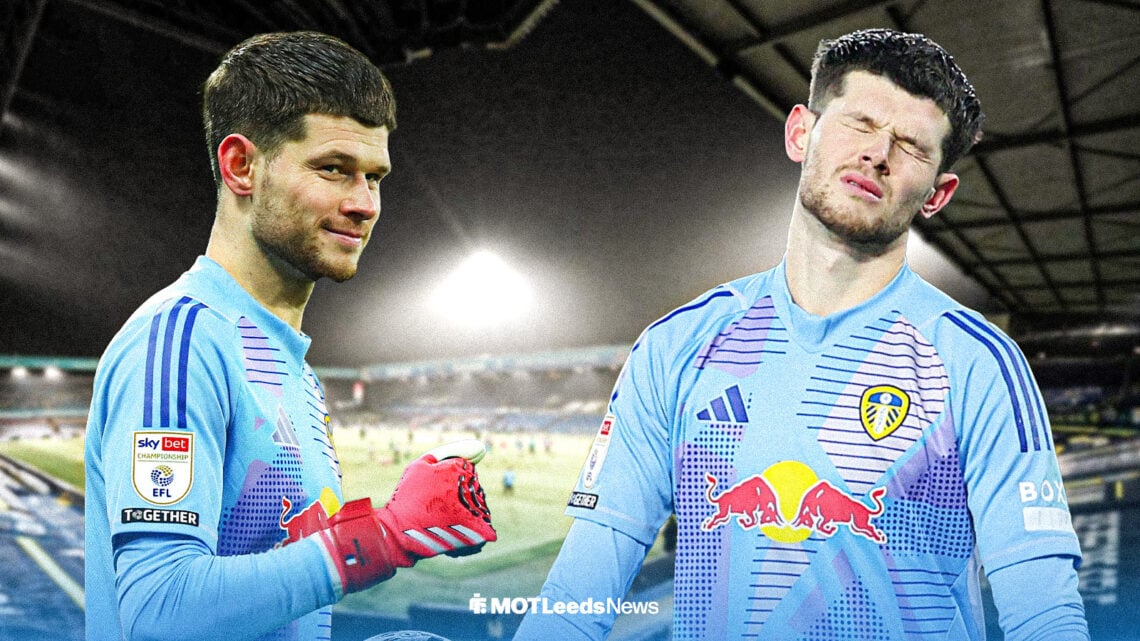 Two pictures of Illan Meslier side by side with him smiling in one and looking annoyed in the other.