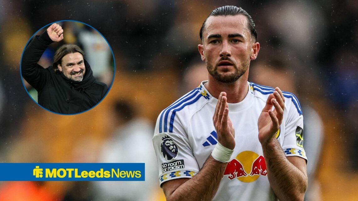 Jack Harrison applauding in Leeds home shirt with Daniel Farke fistpumping in circular inset