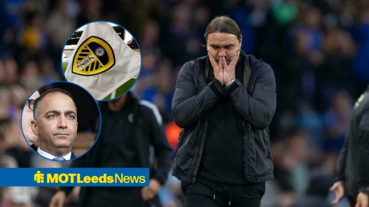 Daniel Farke has his hands on his face, with Paraag Marathe and a Leeds United badge in separate circular frames
