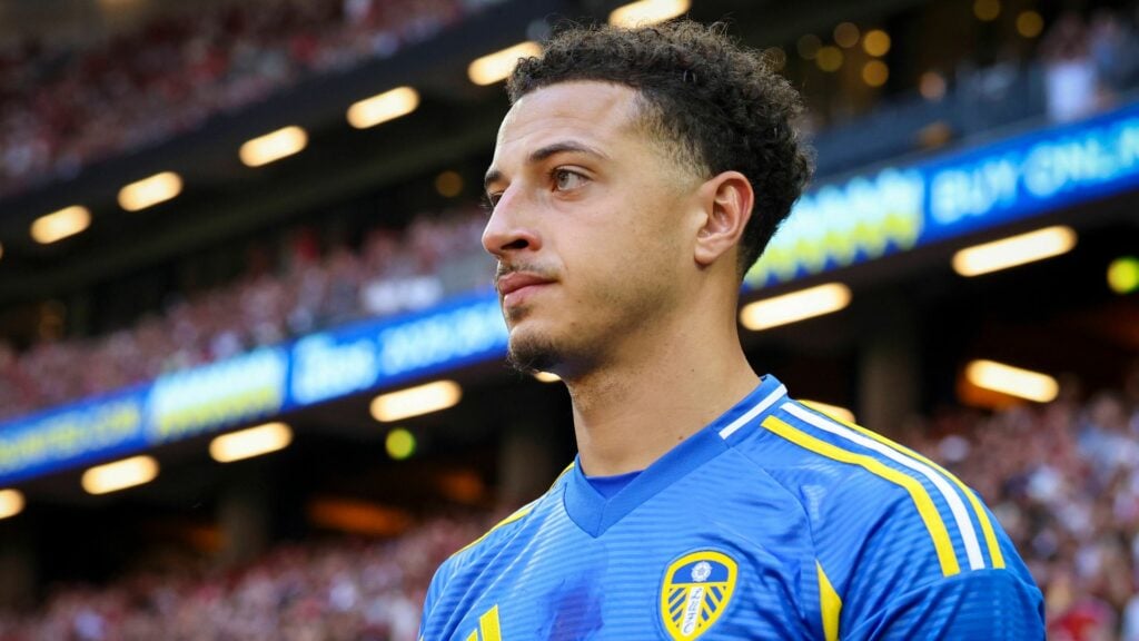 Ethan Ampadu looking out into distance in Leeds United away kit