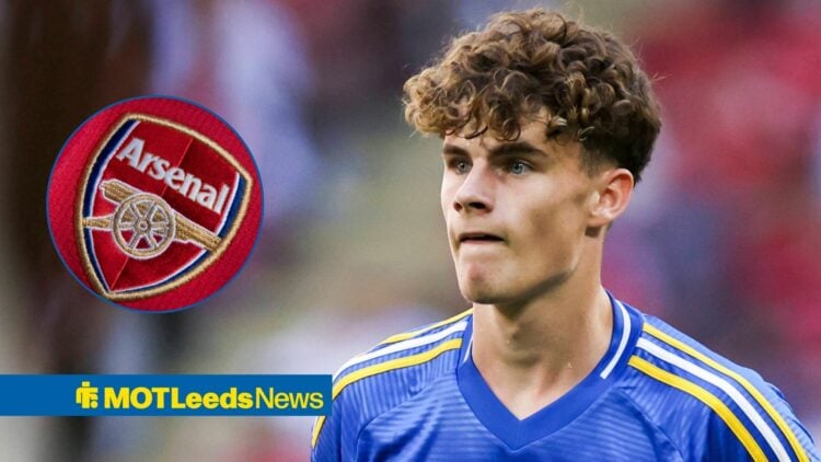 Leeds young striker Harry Gray with Arsenal badge inset