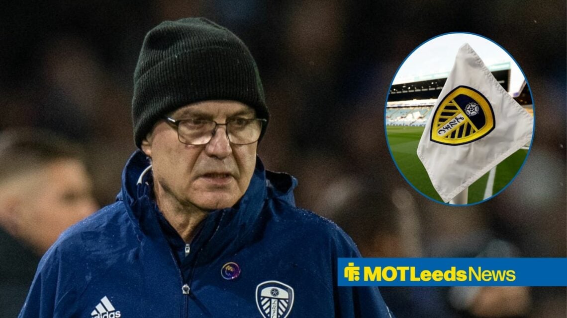 Marcelo Bielsa alongside a circle inset of the Leeds corner flag.