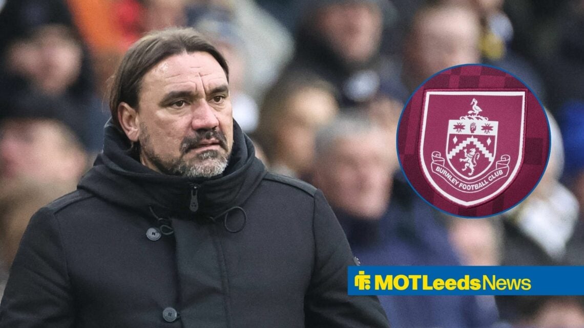 Leeds United manager Daniel Farke with Burnley badge inset
