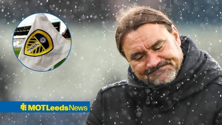 Daniel Farke looking defeated with Leeds flag in circle