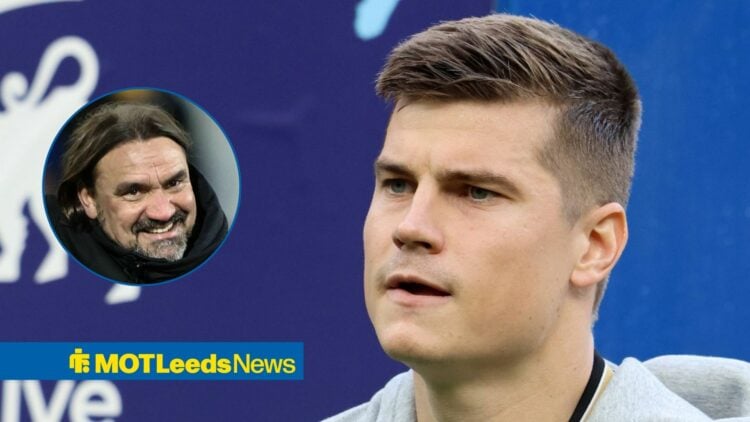 Leeds United defender Jaka Bijol, looking towards a circular frame of Daniel Farke celebrating