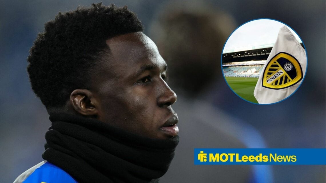 Wilfried Gnonto looking towards a Leeds United flag at Elland Road in a circle inset