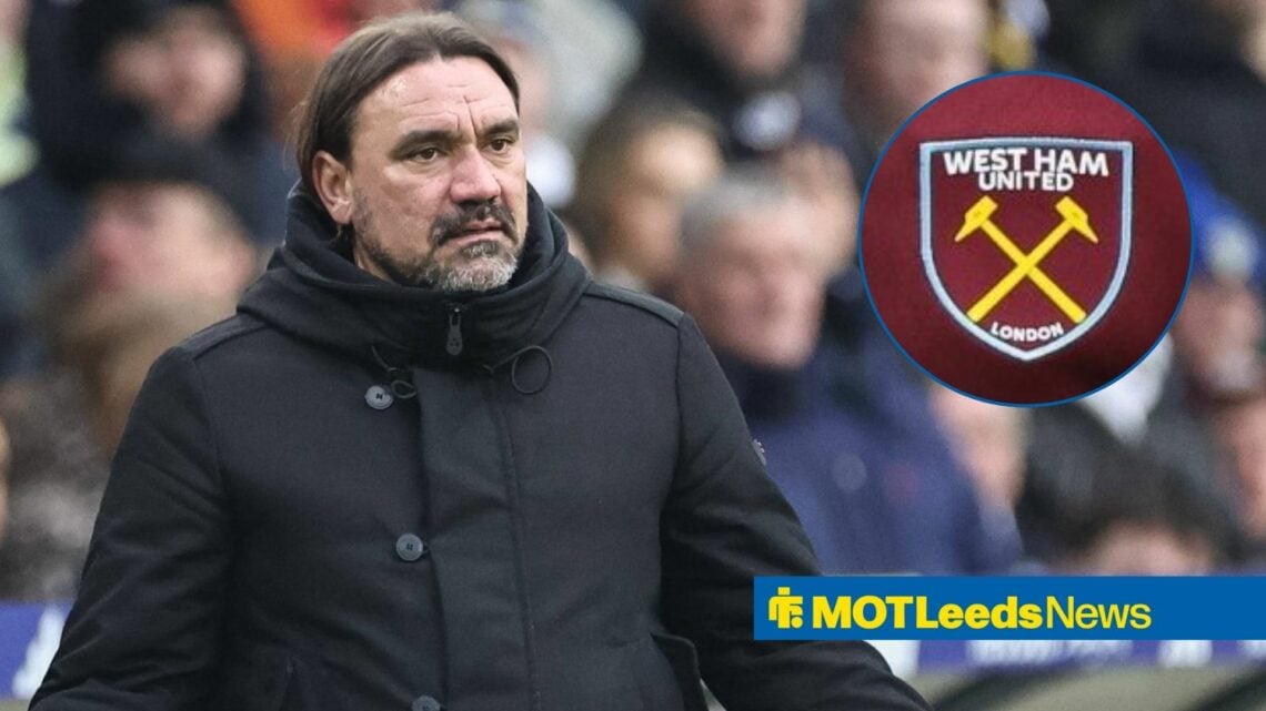 Daniel Farke looking angry towards the West Ham badge in a circle inset
