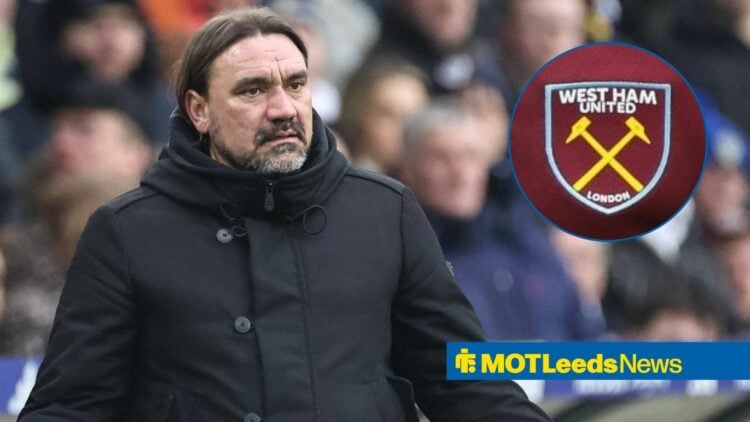 Daniel Farke looking angry towards the West Ham badge in a circle inset