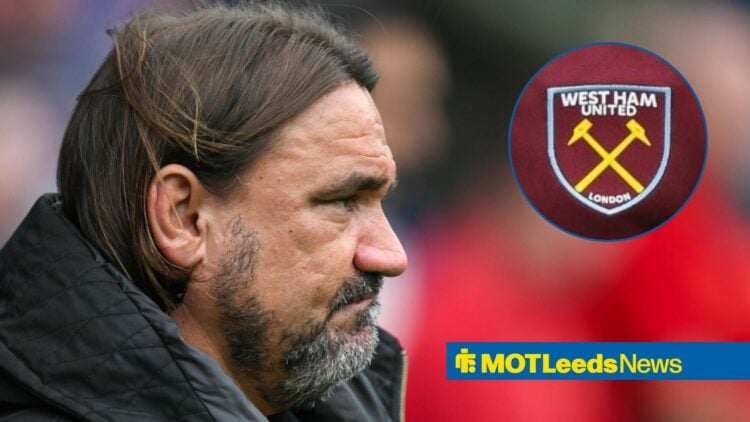 Daniel Farke looking concerned towards a West Ham badge in a circle inset