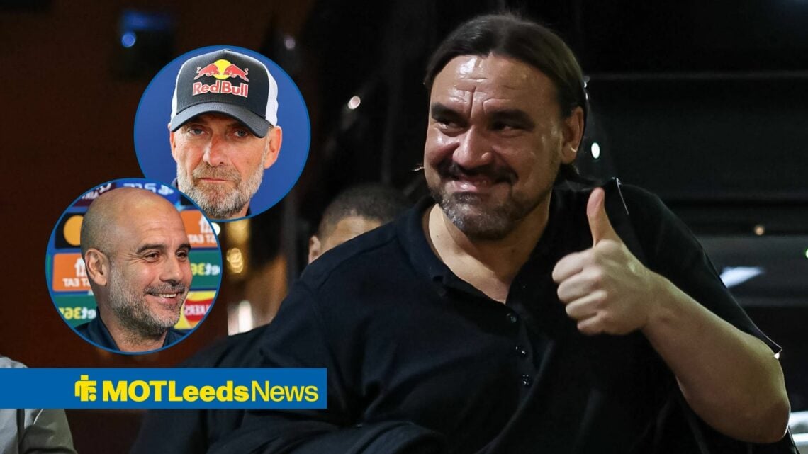 Daniel Farke smiling at Jurgen Klopp and Pep Guardiola